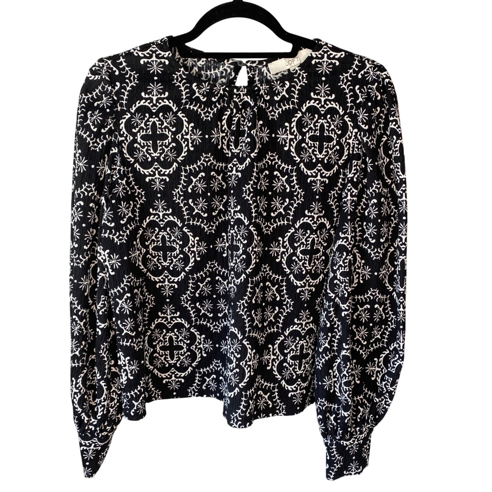 Loft Womens Black White Medallion Damask Print Puffed Sleeve Blouse Small